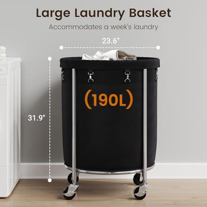ELYKEN Laundry Basket with Wheels, Round Rolling Laundry Hamper, Black - color: Black, size: 190L
