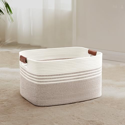 45L Small Woven Laundry Basket Hamper with Leather Handles,Brown - color: Brown, size: 45L