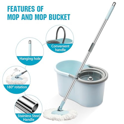 Spin Mop and Bucket with Wringer Set, 3 Microfiber Mop Heads, 51" Handle - color: Blue-3
