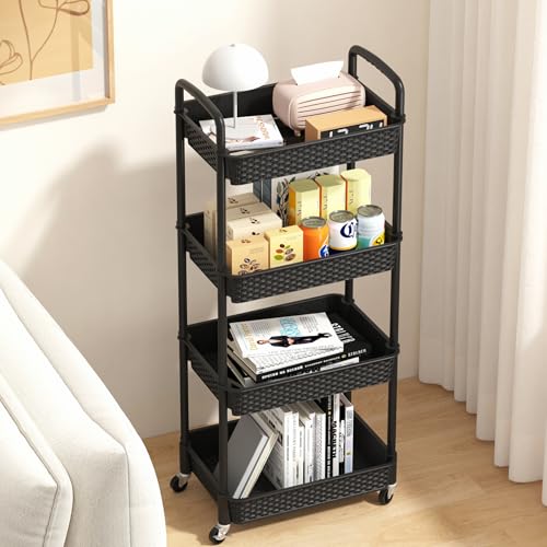 MOYIPIN 4-Tier Plastic Rolling Utility Cart with Handle, Black - color: Black, size: 4-Tiers without cups