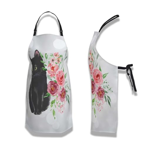 Cook Apron Women Black Cat and Watercolor Flower Mans Aprons for Grilling for Kitchen Cooking Restaurant BBQ Painting Crafting Gardening 27” (W) x 31” (H), Waterproof Aprons - color: Cat and Flower