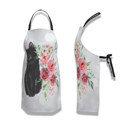 Cook Apron Women Black Cat and Watercolor Flower Mans Aprons for Grilling for Kitchen Cooking Restaurant BBQ Painting Crafting Gardening 27” (W) x 31” (H), Waterproof Aprons - color: Cat and Flower