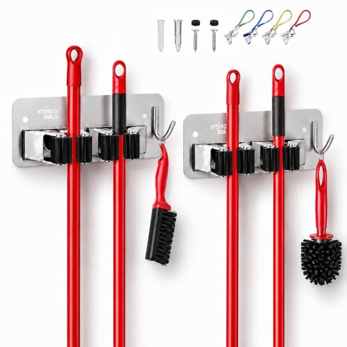 2 Pack Wall Mount Hanger for Brooms & Mops - Heavy Duty Adhesive Stainless Steel Utility Holder for Mops & Brooms, 2 Clamps, 1 Hook, & 4 Towel Hangers for Cleaning Organization & Storage - color: 2 Pack - 2 Clamps