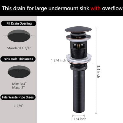 Bathroom Sink Drain with Overflow - Big Cap for Standard 1 3/4" Drain Opening - Pop Up Drain,Oil Rubbed Bronze - color: Oil Rubbed Bronze, size: With Overflow