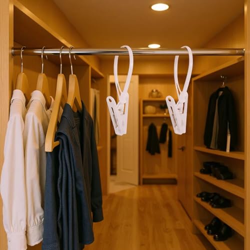 60 Pcs White Multi-Purpose Laundry Hooks Hanging Clips Bulk with Plastic Rope Hanger Clips for Hanging Clips for Baby Clothes, Pants, Hat, Socks, Towels, Bras - Closet, Bathroom & Kitchen Organization