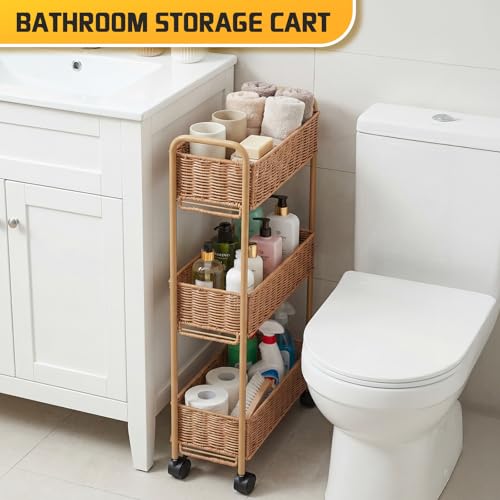 FOCHIER F Utility Slim Storage Cart,3-Tier Rolling Kitchen Office Laundry Room Cart,Mobile Shelving Unit Organizer for Living Room Bathroom Baby Diaper Narrow Places (Natural, 3 Tiers-7.1 inch (W)) - color: Natural