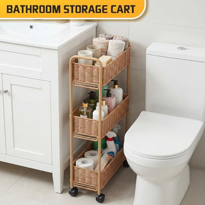 FOCHIER F Utility Slim Storage Cart,3-Tier Rolling Kitchen Office Laundry Room Cart,Mobile Shelving Unit Organizer for Living Room Bathroom Baby Diaper Narrow Places (Natural, 3 Tiers-7.1 inch (W)) - color: Natural