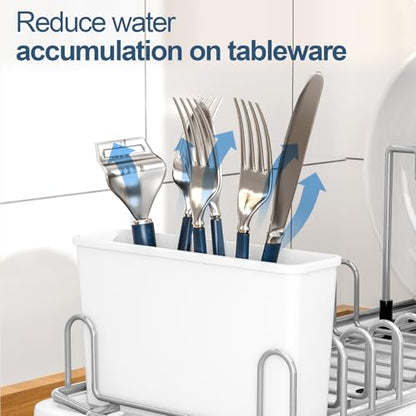 Compact Dish Drying Rack with Utensil Holder – Small Countertop Dish Drainer with 360° Rotating Drain Spout, Stainless Steel Dish Rack for Kitchen Sink, Space-Saving Design for Small Kitchen, White - color: White