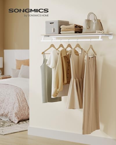 SONGMICS Wall Mounted Clothes Rack with Top Shelf, Hanging Rod - color: Rustic Brown + Ink Black