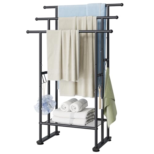 ELYKEN 3 Tier Freestanding Towel Rack with Shelf, 40" H Towel Stand, Black - color: Black