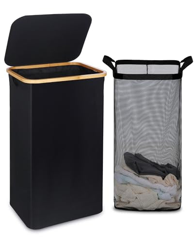 efluky 100L Laundry Basket with Lid and Net Bag, Tall Laundry Hamper with Bamboo Handles, Aesthetic Dirty Clothes Bin for Laundry Room, Bathroom, Bedroom and Dorm, Black - color: Black, size: 100L