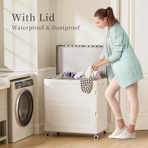 130L Rolling Laundry Hamper with Lid Laundry Basket - color: Milky, size: 130L
