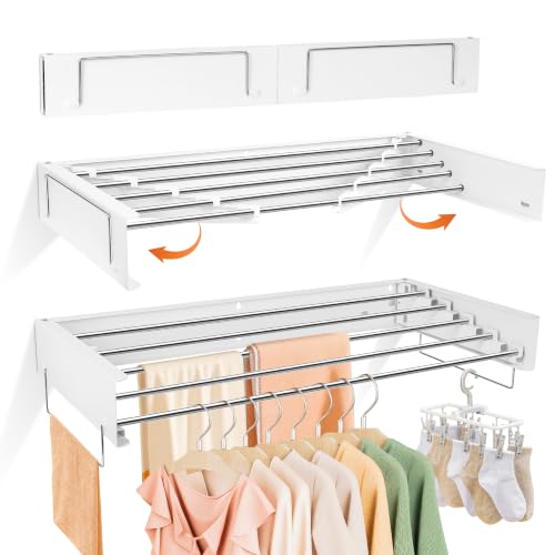 Wall Mount Drying Rack 32", 65LBS Retractable Clothes Rack, White - color: White