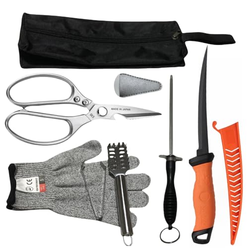 Fishing Knife Set, Fish Cleaning Kit, Filet Knife for Fish, Fish Scale Cleaning Brush, Multi-Functional Scissors, Gloves, Fishbone Tweezers, Storage Bag,Fishing Accessories,Fishing Tool Kit - size: 7PCS-Orange