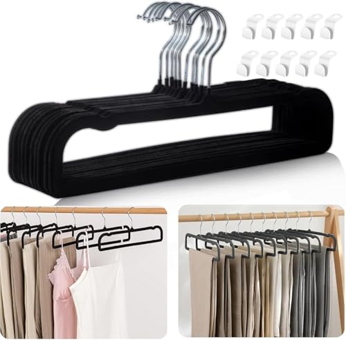 Velvet Hangers Non Slip - 20 Pack Pants Hangers for Closet - Thin Space Saving Clothes Hanger - Strong, Durable, Jean Perchas with 360 Degree Rotatable Hook for Tank Top (Black Silver Hook) - color: Black Silver Hook