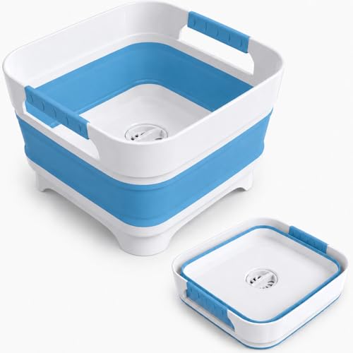 Collapsible Dish Basin with Drain Plug, 2.4 Gal 9L Foldable Wash Basin, Portable Sink Tub for Kitchen, Baby Bottles, Camping, RV, Vegetable Washing and Beverage Tub, Blue - color: Blue