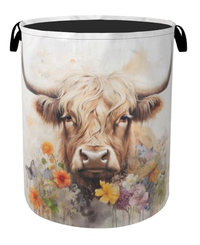 Highland Cow Summer Flowers Large Clothes Hamper Bag - Laundry Basket with Handles, Space Saving Foldable Design for Nursery - color: Highland Cow Summer Flowers