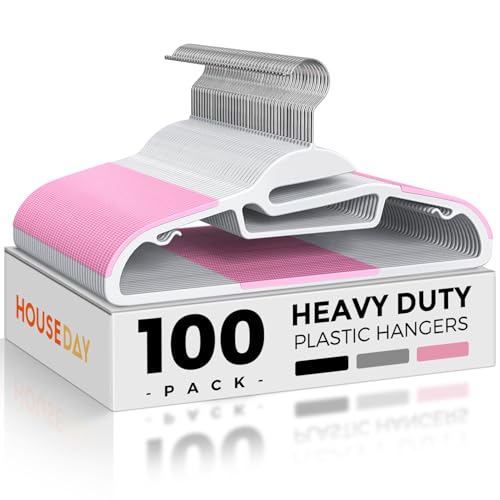 HOUSE DAY Slim Plastic Hangers with Non Slip Rubber Pads, 100 Pack, Pink - color: White + Pink, size: 100 Pack