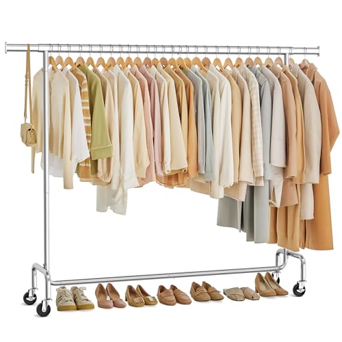 SONGMICS Clothes Rack with Wheels, Heavy-Duty, Extendable Hanging Rod - color: Silver, size: (63"-78.7")W