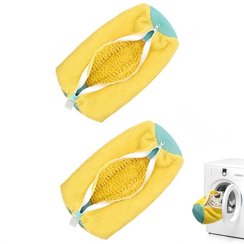 2-Pack Fiber Laundry Shoe Bag For Washer And Dryer - Delicates Bag For Washing Machine With Soft Bristles, Gentle Yet Powerful Cleaning For Sneakers And Tennis Shoes (Yellow) - color: Yellow
