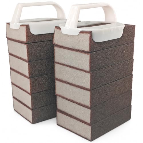 12Pack Carborundum Sponge with 2 Handles–High Density Emery Sponge Scrubber - color: Brown-12pcs Sponge + 2 Handles