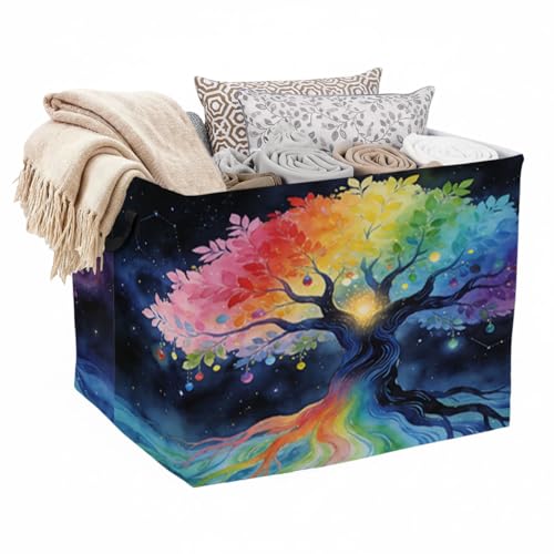 Colorful Life Tree Foldable Laundry Basket Hamper with Handles, 56L Large Capacity Toy Storage Organizer, Collapsible Clothes Hamper for Home Decor and Bedroom Organization. - color: Colorful Life Tree