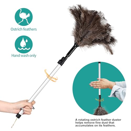 Extendable Ostrich Feather Duster 26-49 Inch, Natural Cleaning Duster with Aluminum Extension Pole Reusable for High Ceilings, Fans, Blinds, Furniture, Interior & Roof Dusting - size: 26-49 Inch