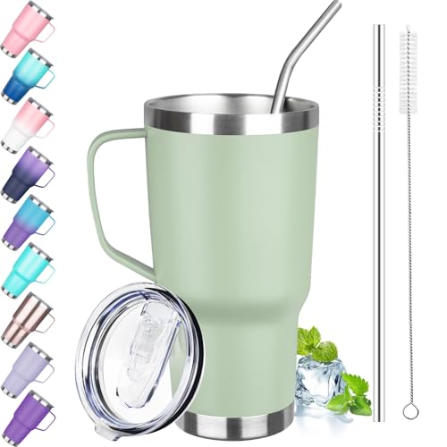 30 oz Tumbler with Handle, Stainless Steel Insulated Tumbler with Lid and Straw, Double Wall Vacuum Coffee Mug Tumbler, Insulated Coffee Thermal Cup for Cold and Hot (Matcha) - color: Matcha, size: 30 Ounces