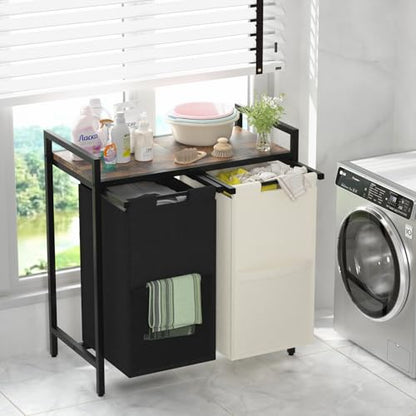 Huhote Double Compartment Laundry Basket, Laundry Sorter with Top Shelf, 2 Removable Washable Bags, Side Pockets, Black & White - color: 2 bags-White&Black