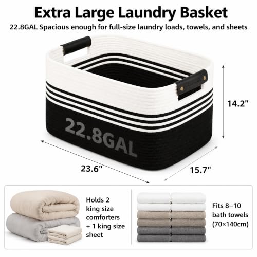 Cotton Rope Laundry Basket Extra Large, 22.8GAL Collapsible Woven Storage Baskets for Living Room Kids Toys Stuffed Animal,Boho Rectangular Decorative Hamper for Dirty Clothes, Blankets White Black - color: WhiteBlack, size: 22.8GAL