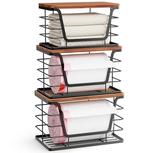 ALOCEO 3 Pack Stackable Storage Bins with Lids, Stainless Steel Trash Bag Dispenser Roll Holder for for Kitchen Sink, Laundry, Pantry Organizer and Storage, Walnut Black - color: 3-Pack - XL&L&S Walnut Black