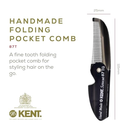 Kent 87T Black Graphite Handmade Folding Pocket Comb for Men, Fine Tooth Hair Comb Straightener for Everyday Grooming Styling Hair, Beard or Mustache, Saw Cut Hand Polished, Made in England (3 Pack) - color: Graphite, size: Pack of 3