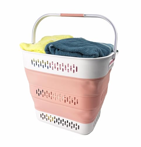 SAMMART 40L (10.5 Gallon) Collapsible Plastic Laundry Basket with Handles - Foldable Pop Up Storage Container/Organizer - Portable Laundry Hamper - Space Saving (1, Grey/Quartz Pink) - color: Grey/Quartz Pink
