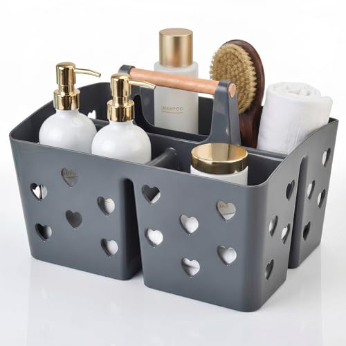 Gray Portable Shower Caddy, Plastic Basket Organizer with Wooden Handle - color: Gray