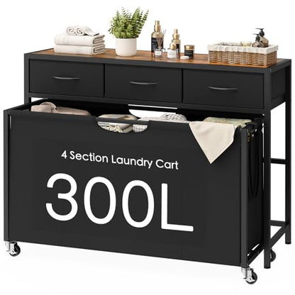 Laundry Sorter, Rolling Laundry Hamper with 4 Section Pull-Out Bags, 300L Large Laundry Basket Organizer with 3 Drawers, Laundry Hamper with Wheels for Laundry Room Organization, Bathroom, Bedroom - size: 300 L
