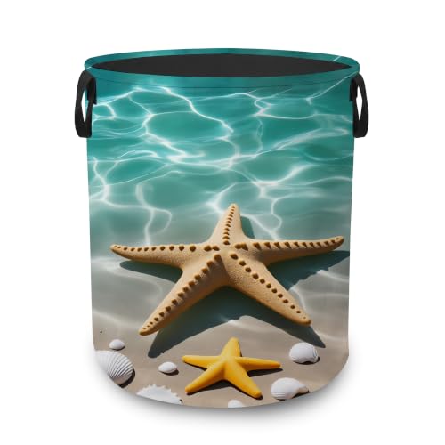 Starfish Beach Portable Laundry Hamper,Ocean Coastal Collapsible Clothes Basket with Handles,Waterproof Oxford Cloth Organizer for Dorm Bedroom Bathroom Nursery,16 x 20 Inch - color: Starfish Beach,Ocean Coastal