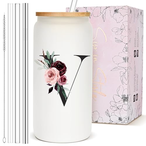 Personalized Customized Gifts for Women, Cute Glass Cups with Lids and Straws, Monogrammed Drinking Initial Iced Coffee Cup, Custom Letter Mug Tumbler, Nana Gigi Grandmother Grandma Mimi Gifts, V - style: Letter V