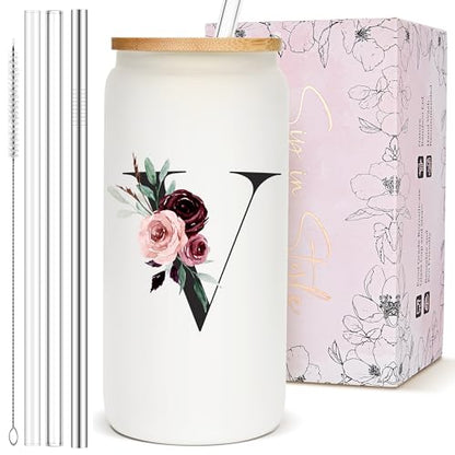 Personalized Customized Gifts for Women, Cute Glass Cups with Lids and Straws, Monogrammed Drinking Initial Iced Coffee Cup, Custom Letter Mug Tumbler, Nana Gigi Grandmother Grandma Mimi Gifts, V - style: Letter V