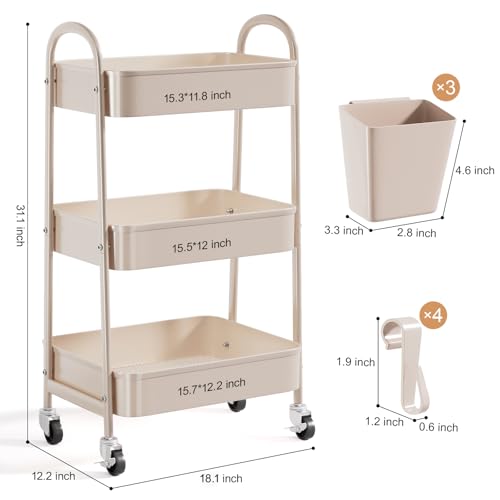 3 Tier Khaki Metal Utility Rolling Cart, Storage Cart with Lockable Wheels - color: Rustic Khaki, size: 3 tier