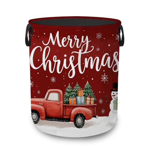 Merry Christmas Truck Dirty Clothes Hamper,Foldable Laundry Basket with Handles,Snowman Red Waterproof Oxford Cloth Storage Bin for Bedroom Bathroom Nursery,16 x 20 Inch - color: Merry Christmas Truck,Snowman Red