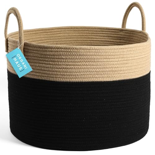 OrganiHaus Round Toy Basket & Blanket Basket, Cotton Rope 20x13" - color: Black / Honey, size: Wide