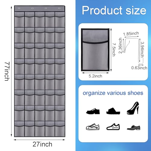 40 Pocket Over The Door Shoe Organizer,with 4 Metal Hooks（Grey） - color: grey, size: 77" x 27"