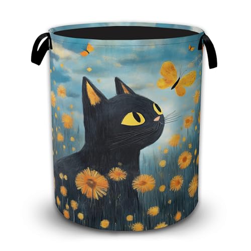 Black Cat Laundry Hamper with Sturdy Handles, Collapsible Laundry Basket, Waterproof Clothes Storage Organizer, Large Capacity for Bathroom Bedroom - color: Black Cat in Flower
