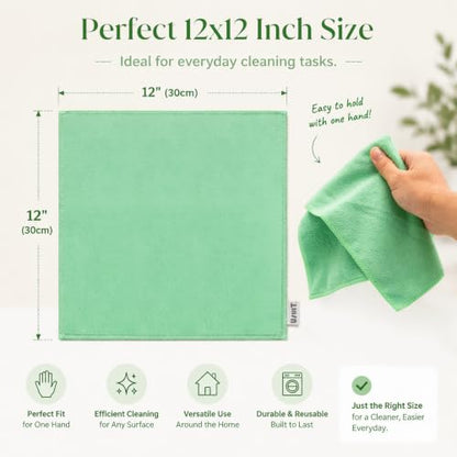 Microfiber Cleaning Cloths, Ultra-Soft and Highly Absorbent, Streak-Free, Lint-Free, Scratch-Free, Washable, for Car Detailing and Glass Cleaning,12" x 12", Green/Blue/Pink, 12-Pack