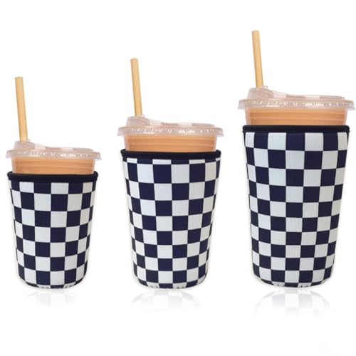 Reusable Insulated Neoprene Iced Coffee Cup Sleeve, Durable Drink Sleeve for Cold Beverages, Beverage Holder for Iced Coffee (Checker Grid) - color: Checker Grid