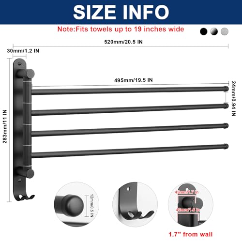 NearMoon Swivel Towel Rack, 19.5" Thicken 304 Stainless Steel 4-Arm Towel Bar, Space Saving Wall Mounted Towel Holder with Hook, Rustproof Swing Out Towel Hanger for Bathroom, Kitchen (Matte Black) - color: Matte Black, size: 19.5 Inch-Round