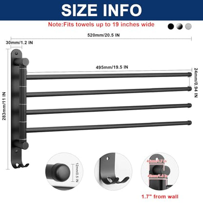 NearMoon Swivel Towel Rack, 19.5" Thicken 304 Stainless Steel 4-Arm Towel Bar, Space Saving Wall Mounted Towel Holder with Hook, Rustproof Swing Out Towel Hanger for Bathroom, Kitchen (Matte Black) - color: Matte Black, size: 19.5 Inch-Round