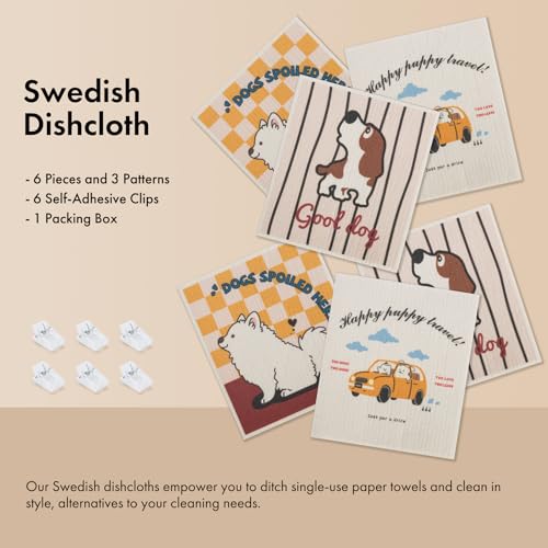 Swedish Dishcloths for Kitchen, 6 Pack Cute Dog Swedish Dish Towels with Clips, Reusable Paper Towels Washable Non-Scratch Super Absorbent Cellulose Sponge Cloths, Biodegradable No Odor - color: Cute Dog