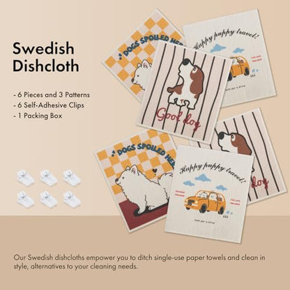 Swedish Dishcloths for Kitchen, 6 Pack Cute Dog Swedish Dish Towels with Clips, Reusable Paper Towels Washable Non-Scratch Super Absorbent Cellulose Sponge Cloths, Biodegradable No Odor - color: Cute Dog