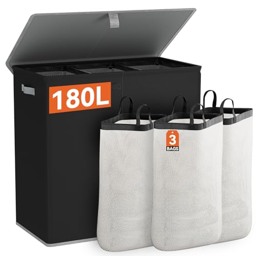 WOWLIVE Laundry Hamper with Lid, 180L Large Laundry Basket 3 Section - color: Black, size: 180l (31.5x 12.2 X 27.5 Inches)